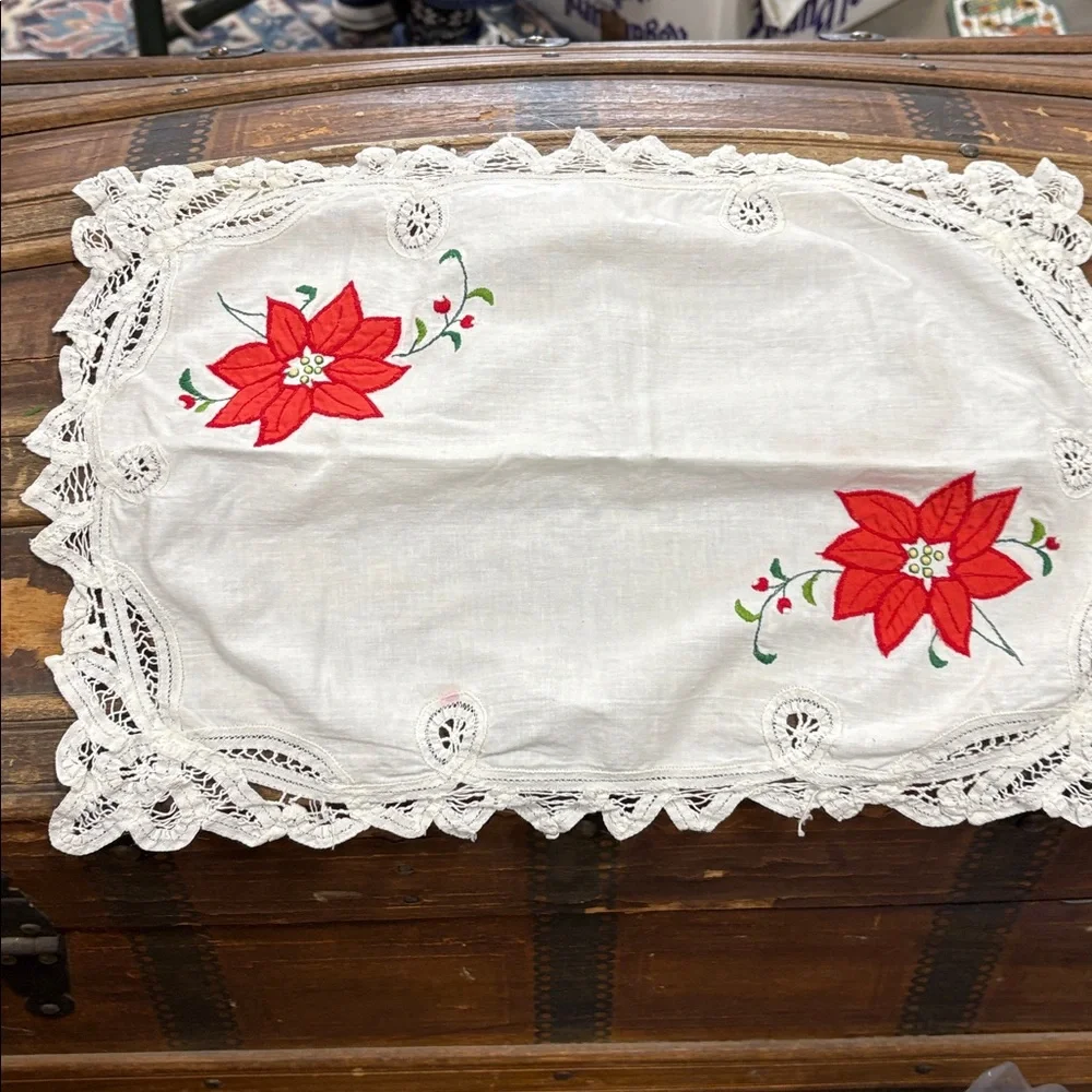 Embroidered Lace Table Runner with Red Pointsettia